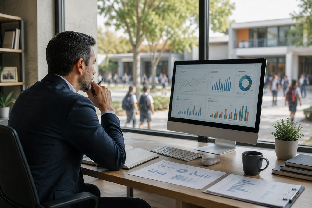 Director escolar revisando un dashboard con indicadores de matrícula, cobranza, admisiones y rendimiento académico para tomar decisiones estratégicas en un colegio.