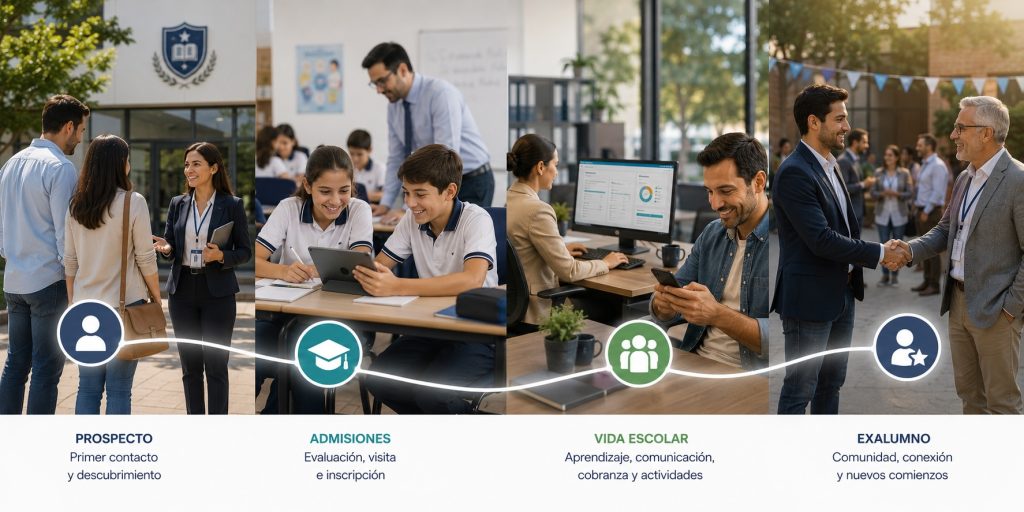 Infografía conceptual del ciclo de vida del alumno mostrando el recorrido desde prospecto, admisiones, vida académica y exalumno dentro de un ecosistema educativo integrado.